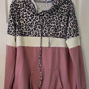 Leopard Colorblock Pullover Hoodie - Mauve, White, Black